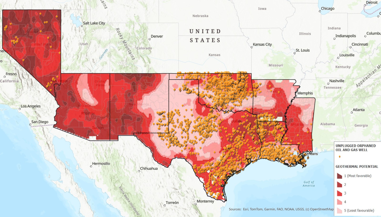 Map of Nevada, Arizona, New Mexico, Texas, Oklahoma, Arkansas, Louisiana and Mississippi shaded from dark red (most favorable geothermal potential) to pale pink (least favorable), with thousands of orange markers for unplugged orphaned oil and gas wells clustered in Texas, Oklahoma and southern Louisiana.