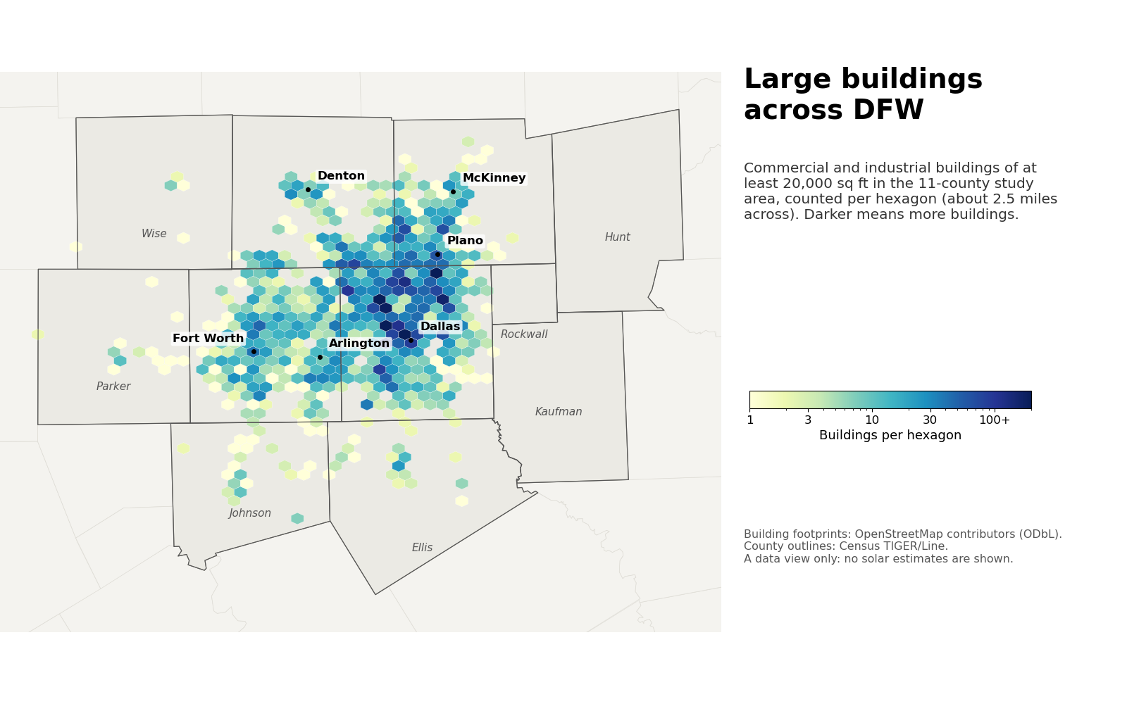 Map of the 11-county Dallas–Fort Worth area divided into small hexagons, shaded by how many large commercial and industrial buildings each contains, densest between Dallas, Arlington and Plano.